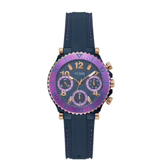 ساعة Guess Cosmic Blue ذات سوار سيليكون ومينا أزرق وساعة كرونوغراف كوارتز نسائية - GW0466L2