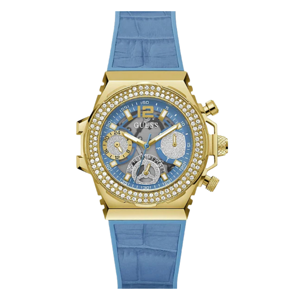 ساعة Guess Fusion النسائية ذات سوار جلدي أزرق ومينا أزرق ووظيفة كرونوغراف كوارتز - GW0553L3