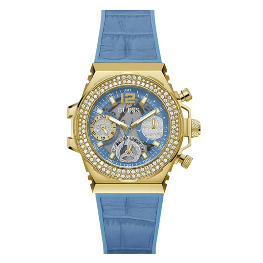 ساعة Guess Fusion النسائية ذات سوار جلدي أزرق ومينا أزرق ووظيفة كرونوغراف كوارتز - GW0553L3