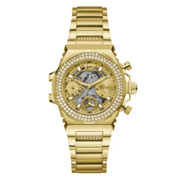 ساعة Guess Fusion Gold المصنوعة من الفولاذ المقاوم للصدأ، ذات مينا ذهبي، كرونوغراف كوارتز، للنساء - GW0552L2