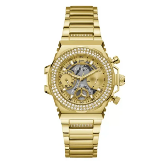 ساعة Guess Fusion Gold المصنوعة من الفولاذ المقاوم للصدأ، ذات مينا ذهبي، كرونوغراف كوارتز، للنساء - GW0552L2
