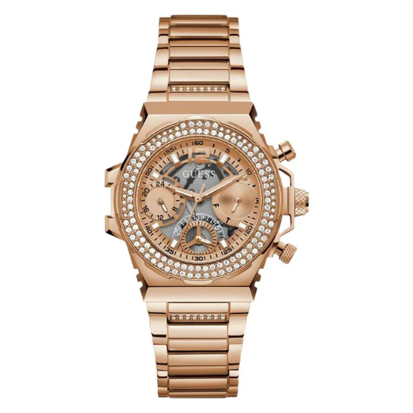 ساعة Guess Fusion النسائية، مصنوعة من الفولاذ المقاوم للصدأ بلون ذهبي وردي، كرونوغراف كوارتز - GW0552L3