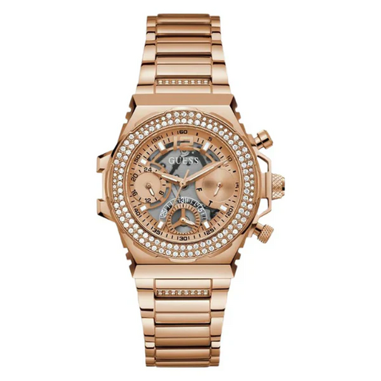 ساعة Guess Fusion النسائية، مصنوعة من الفولاذ المقاوم للصدأ بلون ذهبي وردي، كرونوغراف كوارتز - GW0552L3