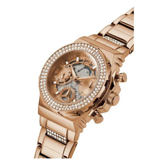 ساعة Guess Fusion النسائية، مصنوعة من الفولاذ المقاوم للصدأ بلون ذهبي وردي، كرونوغراف كوارتز - GW0552L3
