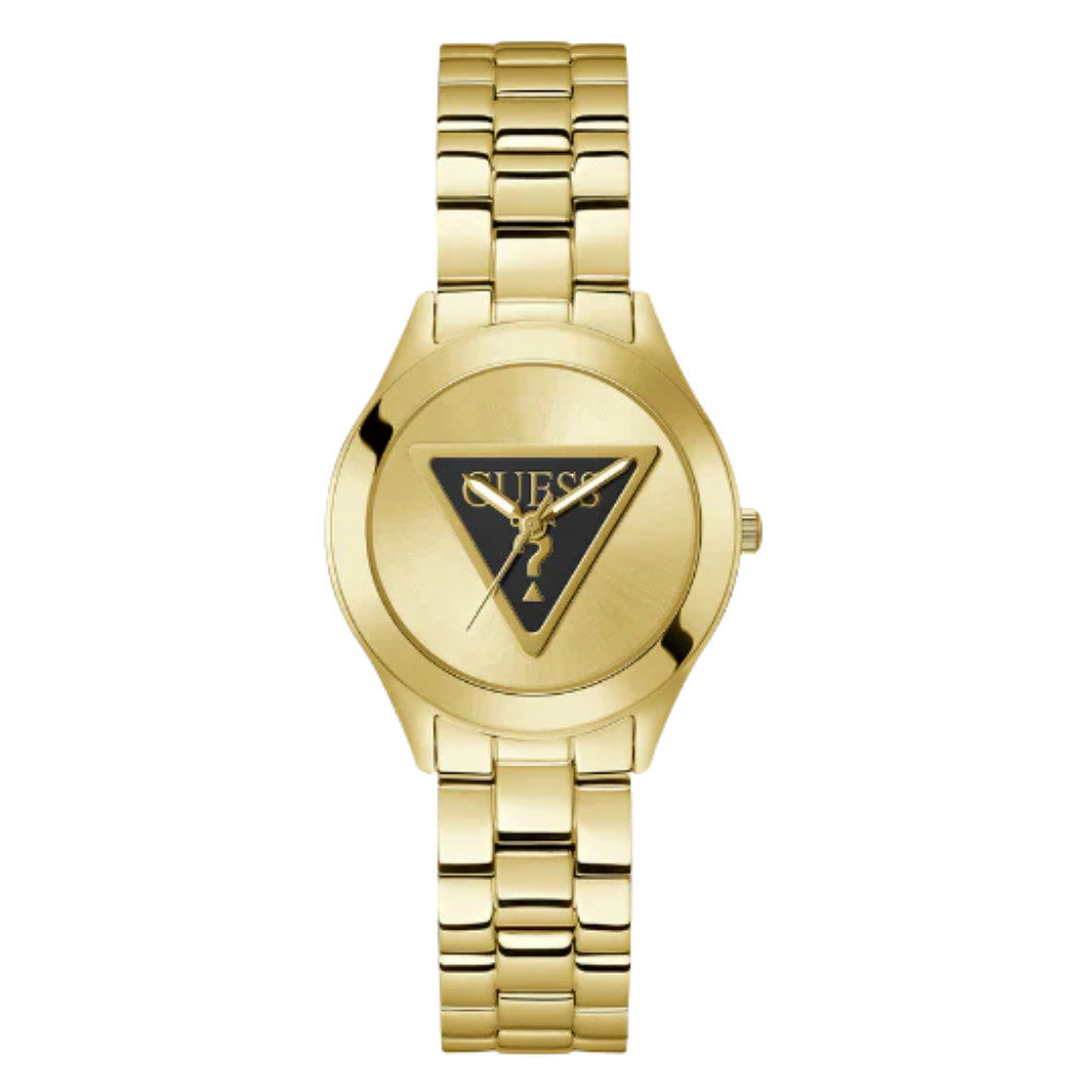 ساعة Guess Tri Plaque Gold المصنوعة من الفولاذ المقاوم للصدأ والميناء الذهبي، تعمل بحركة كوارتز، للنساء - GW0675L2