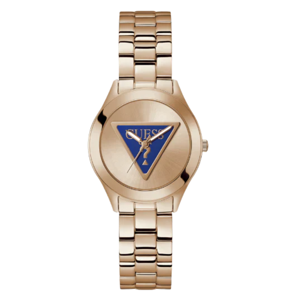 ساعة Guess Tri Plaque Rose Gold المصنوعة من الفولاذ المقاوم للصدأ، بمينا ذهبي وردي، تعمل بنظام الكوارتز، للنساء - GW0675L3
