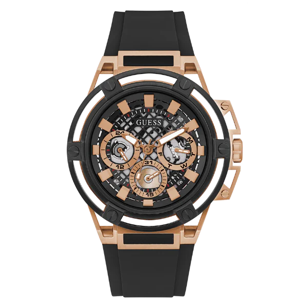 ساعة Guess Matrix سوداء بسوار سيليكون أسود ومينا أسود، تعمل بنظام كوارتز، للرجال - GW0423G5