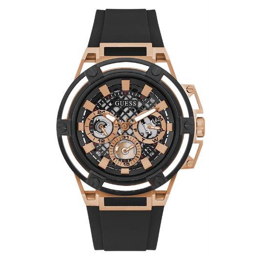 ساعة Guess Matrix سوداء بسوار سيليكون أسود ومينا أسود، تعمل بنظام كوارتز، للرجال - GW0423G5