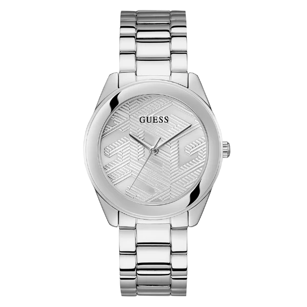 ساعة Guess Cubed الفضية المصنوعة من الفولاذ المقاوم للصدأ، ذات مينا فضي، تعمل بنظام الكوارتز، للنساء - GW0606L1