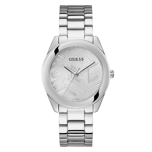 ساعة Guess Cubed الفضية المصنوعة من الفولاذ المقاوم للصدأ، ذات مينا فضي، تعمل بنظام الكوارتز، للنساء - GW0606L1