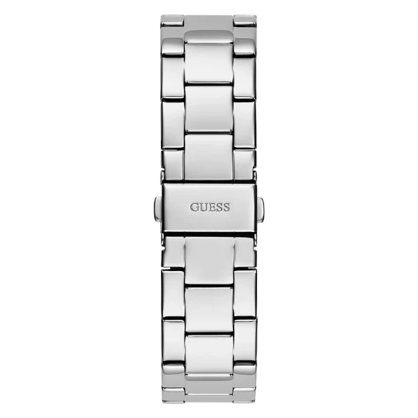 ساعة Guess Cubed الفضية المصنوعة من الفولاذ المقاوم للصدأ، ذات مينا فضي، تعمل بنظام الكوارتز، للنساء - GW0606L1