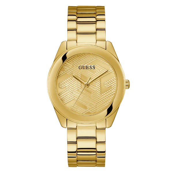 ساعة Guess Cubed Gold المصنوعة من الفولاذ المقاوم للصدأ، بمينا ذهبي، تعمل بحركة كوارتز، للنساء - GW0606L2