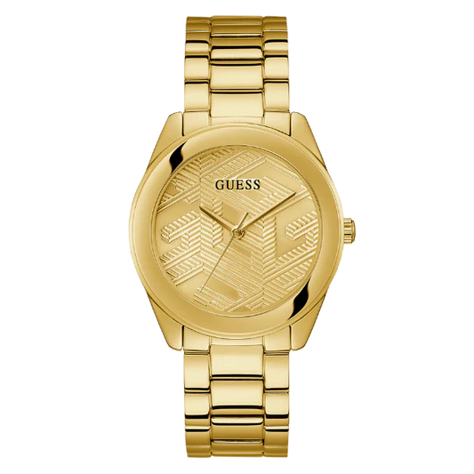 ساعة Guess Cubed Gold المصنوعة من الفولاذ المقاوم للصدأ، بمينا ذهبي، تعمل بحركة كوارتز، للنساء - GW0606L2