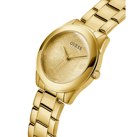 ساعة Guess Cubed Gold المصنوعة من الفولاذ المقاوم للصدأ، بمينا ذهبي، تعمل بحركة كوارتز، للنساء - GW0606L2