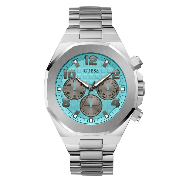ساعة Guess Empire فضية اللون من الفولاذ المقاوم للصدأ، مينا أزرق تيفاني، كوارتز للرجال - GW0489G3