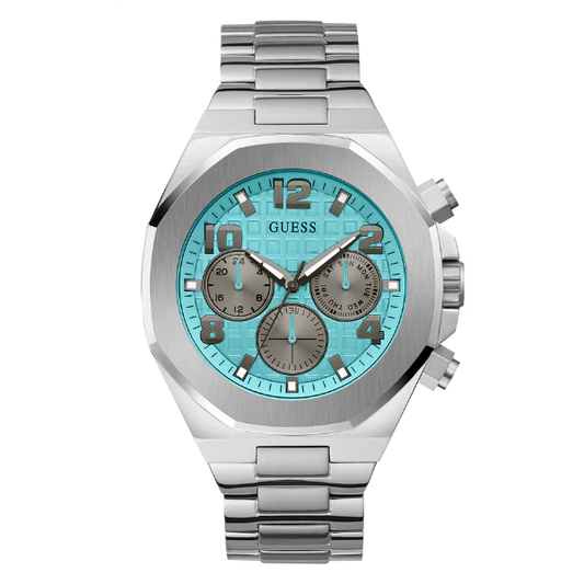 ساعة Guess Empire فضية اللون من الفولاذ المقاوم للصدأ، مينا أزرق تيفاني، كوارتز للرجال - GW0489G3