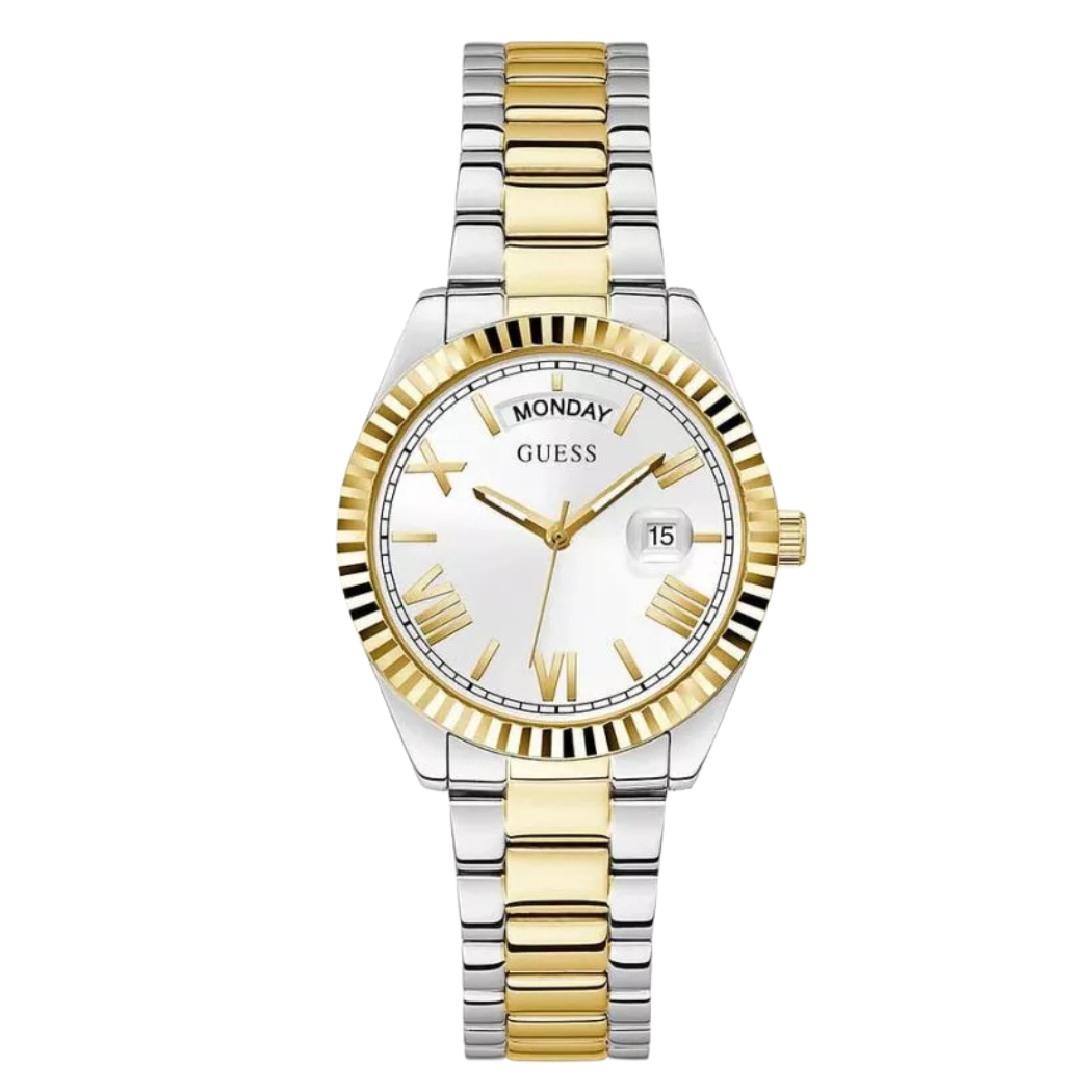 ساعة Guess Luna ثنائية اللون من الفولاذ المقاوم للصدأ، مينا فضي، كوارتز، للنساء - GW0308L6
