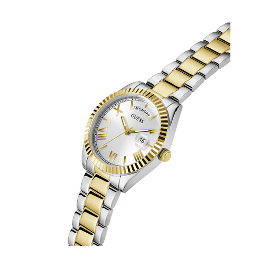 ساعة Guess Luna ثنائية اللون من الفولاذ المقاوم للصدأ، مينا فضي، كوارتز، للنساء - GW0308L6