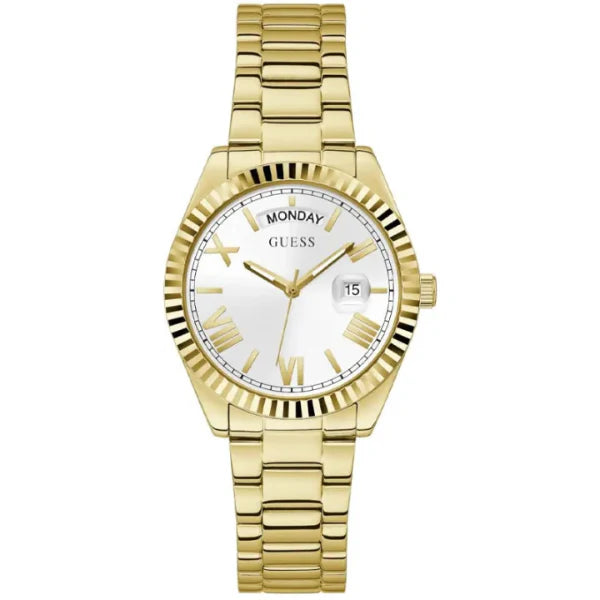 ساعة Guess Luna Gold المصنوعة من الفولاذ المقاوم للصدأ، ذات مينا فضي، تعمل بحركة كوارتز، للنساء - GW0308L2