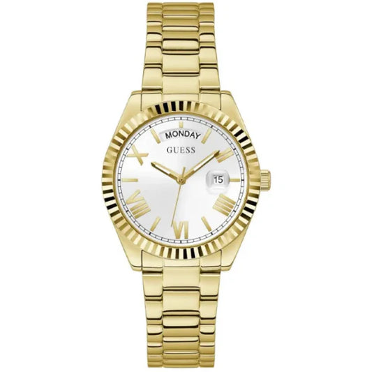 ساعة Guess Luna Gold المصنوعة من الفولاذ المقاوم للصدأ، ذات مينا فضي، تعمل بحركة كوارتز، للنساء - GW0308L2