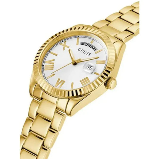 ساعة Guess Luna Gold المصنوعة من الفولاذ المقاوم للصدأ، ذات مينا فضي، تعمل بحركة كوارتز، للنساء - GW0308L2