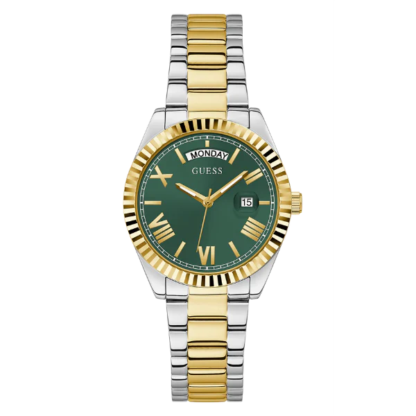 ساعة Guess Luna ثنائية اللون من الفولاذ المقاوم للصدأ، مينا أخضر، كوارتز، للنساء - GW0308L5