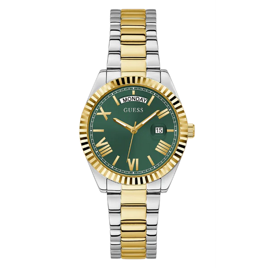 ساعة Guess Luna ثنائية اللون من الفولاذ المقاوم للصدأ، مينا أخضر، كوارتز، للنساء - GW0308L5