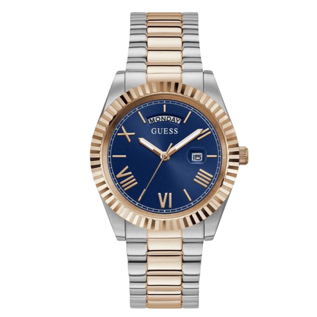 ساعة Guess Connoisseur ثنائية اللون من الفولاذ المقاوم للصدأ، مينا أزرق، كوارتز للرجال - GW0265G12