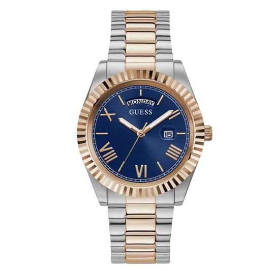 ساعة Guess Connoisseur ثنائية اللون من الفولاذ المقاوم للصدأ، مينا أزرق، كوارتز للرجال - GW0265G12