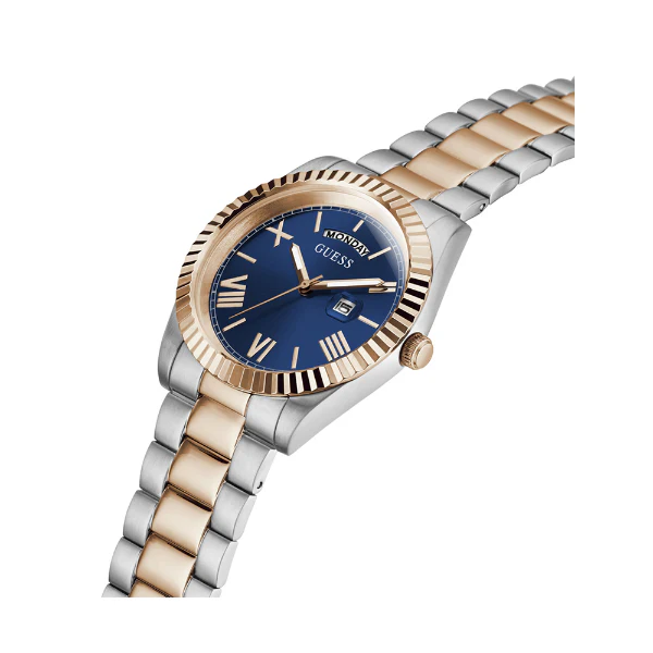 ساعة Guess Connoisseur ثنائية اللون من الفولاذ المقاوم للصدأ، مينا أزرق، كوارتز للرجال - GW0265G12