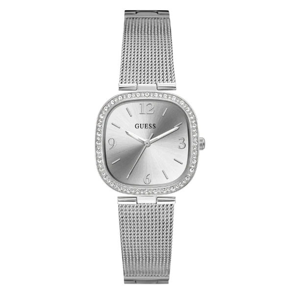 ساعة Guess النسائية ذات سوار شبكي فضي ومينا فضي وحركة كوارتز - GW0354L1