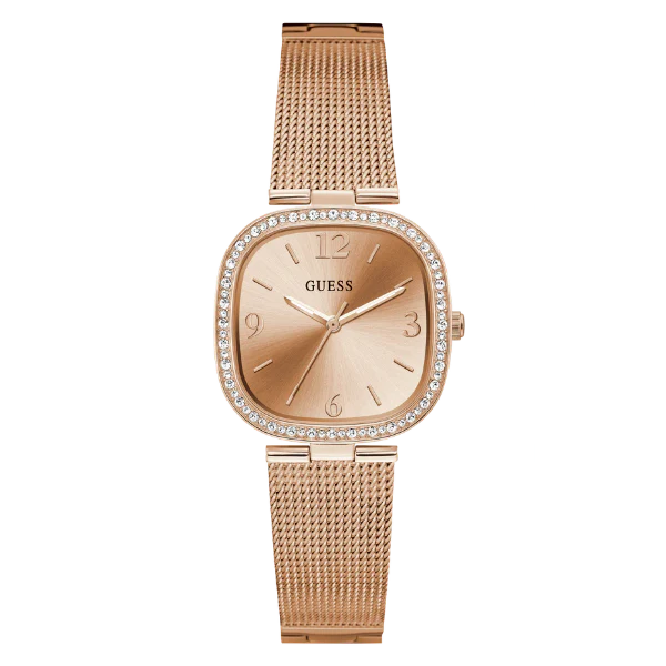 ساعة Guess النسائية، سوار شبكي ذهبي وردي، مينا ذهبي وردي، كوارتز - GW0354L3
