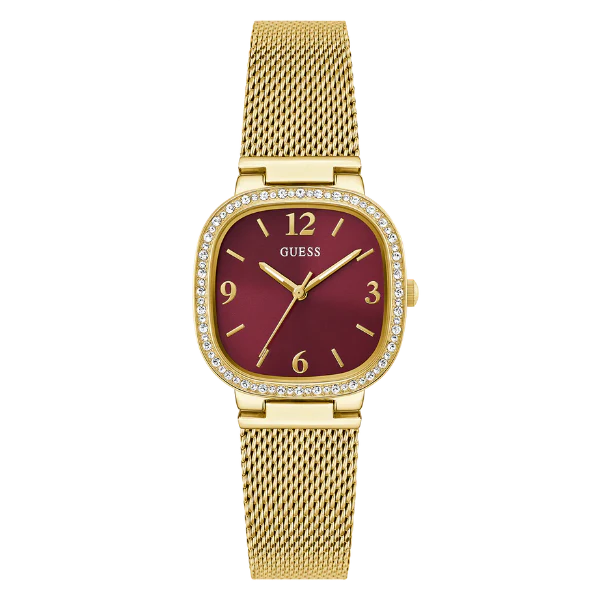 ساعة Guess النسائية ذات سوار شبكي ذهبي بنمط نسيجي ومينا أحمر وحركة كوارتز - GW0354L4