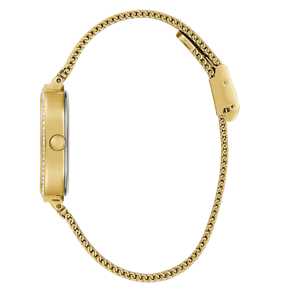 ساعة Guess النسائية ذات سوار شبكي ذهبي بنمط نسيجي ومينا أحمر وحركة كوارتز - GW0354L4