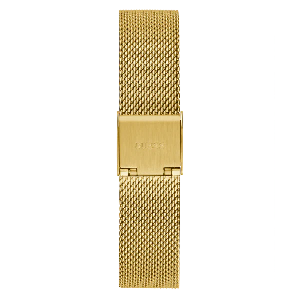 ساعة Guess النسائية ذات سوار شبكي ذهبي بنمط نسيجي ومينا أحمر وحركة كوارتز - GW0354L4