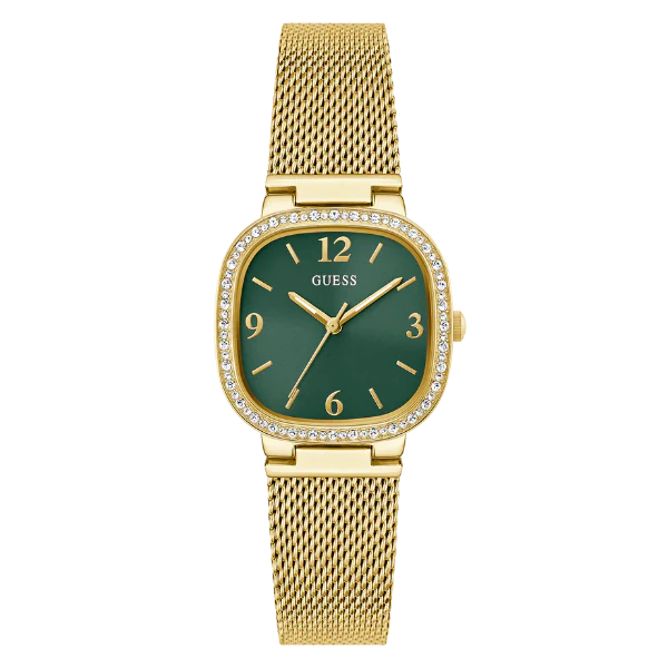 ساعة Guess النسائية ذات سوار شبكي ذهبي بنمط نسيجي ومينا أخضر وحركة كوارتز - GW0354L5