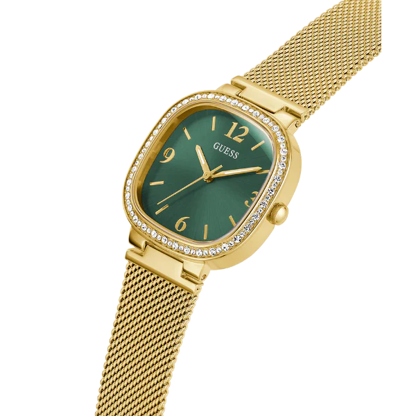 ساعة Guess النسائية ذات سوار شبكي ذهبي بنمط نسيجي ومينا أخضر وحركة كوارتز - GW0354L5