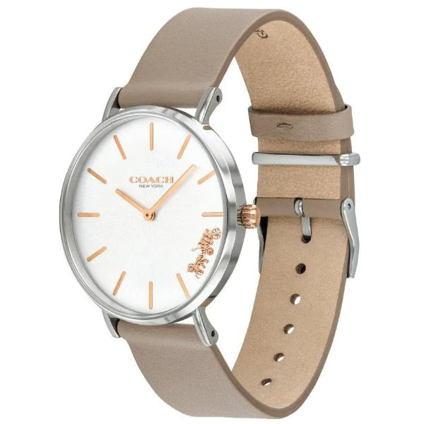 ساعة كوتش بيري النسائية، بسوار جلدي رمادي ومينا فضي، تعمل بنظام كوارتز - 14503119
