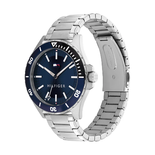 Tommy Hilfiger Logan Silver Stainless Steel Blue Dial Quartz Watch for Gents - 1792012