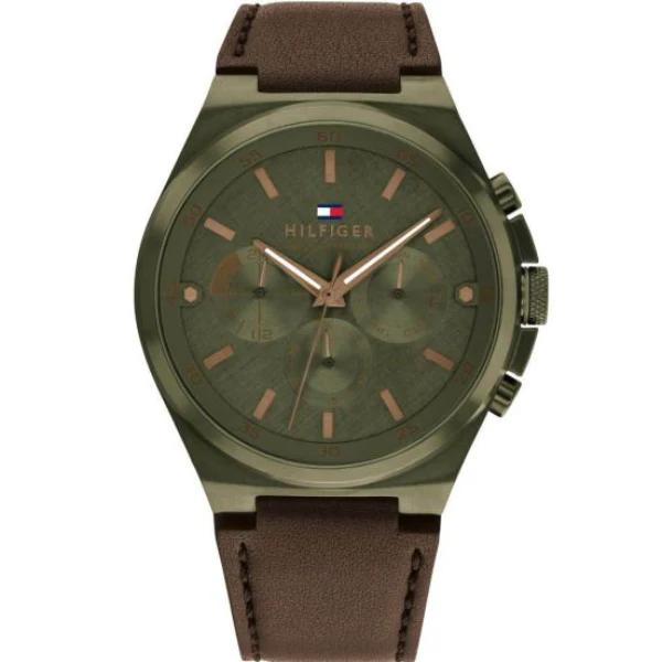 Tommy Hilfiger Dexter Brown Leather Strap Green Dial Chronograph Quartz Watch for Gents - 1792085