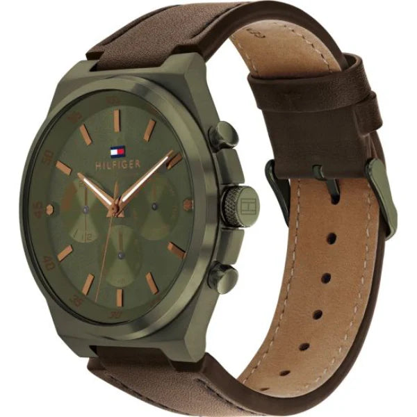 Tommy Hilfiger Dexter Brown Leather Strap Green Dial Chronograph Quartz Watch for Gents - 1792085