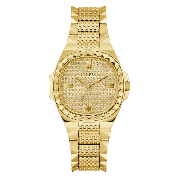 ساعة Guess Rebellious Gold المصنوعة من الفولاذ المقاوم للصدأ، ذات مينا ذهبي، تعمل بحركة كوارتز، للنساء - GW0601L1