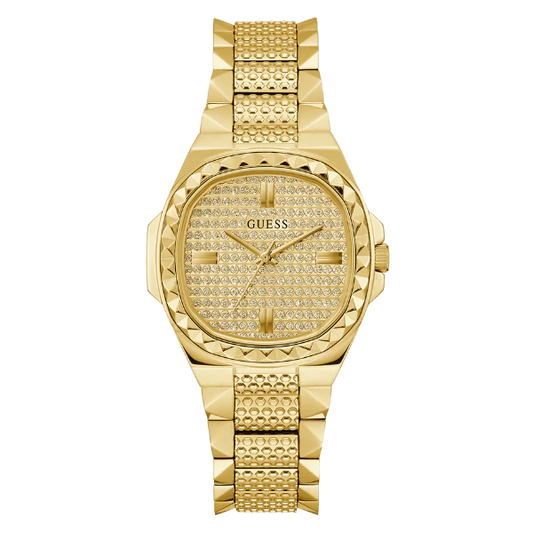 ساعة Guess Rebellious Gold المصنوعة من الفولاذ المقاوم للصدأ، ذات مينا ذهبي، تعمل بحركة كوارتز، للنساء - GW0601L1