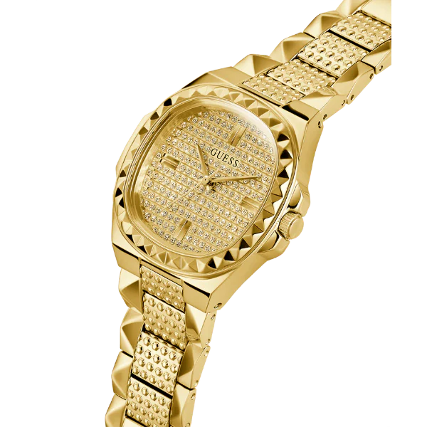 ساعة Guess Rebellious Gold المصنوعة من الفولاذ المقاوم للصدأ، ذات مينا ذهبي، تعمل بحركة كوارتز، للنساء - GW0601L1