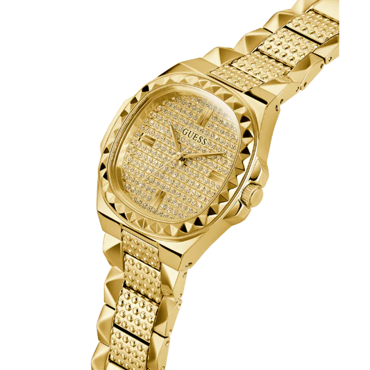 ساعة Guess Rebellious Gold المصنوعة من الفولاذ المقاوم للصدأ، ذات مينا ذهبي، تعمل بحركة كوارتز، للنساء - GW0601L1
