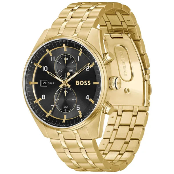 ساعة هوغو بوس سكاي ترافيلر الذهبية المصنوعة من الفولاذ المقاوم للصدأ ذات المينا السوداء، كرونوغراف كوارتز للرجال - بوس 1514152