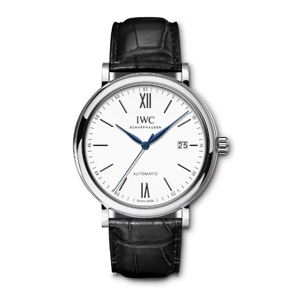 ساعة IWC Portofino أوتوماتيكية للرجال، بسوار جلدي أسود ومينا أبيض - IW356519
