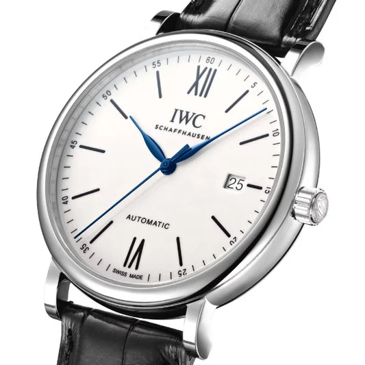 ساعة IWC Portofino أوتوماتيكية للرجال، بسوار جلدي أسود ومينا أبيض - IW356519