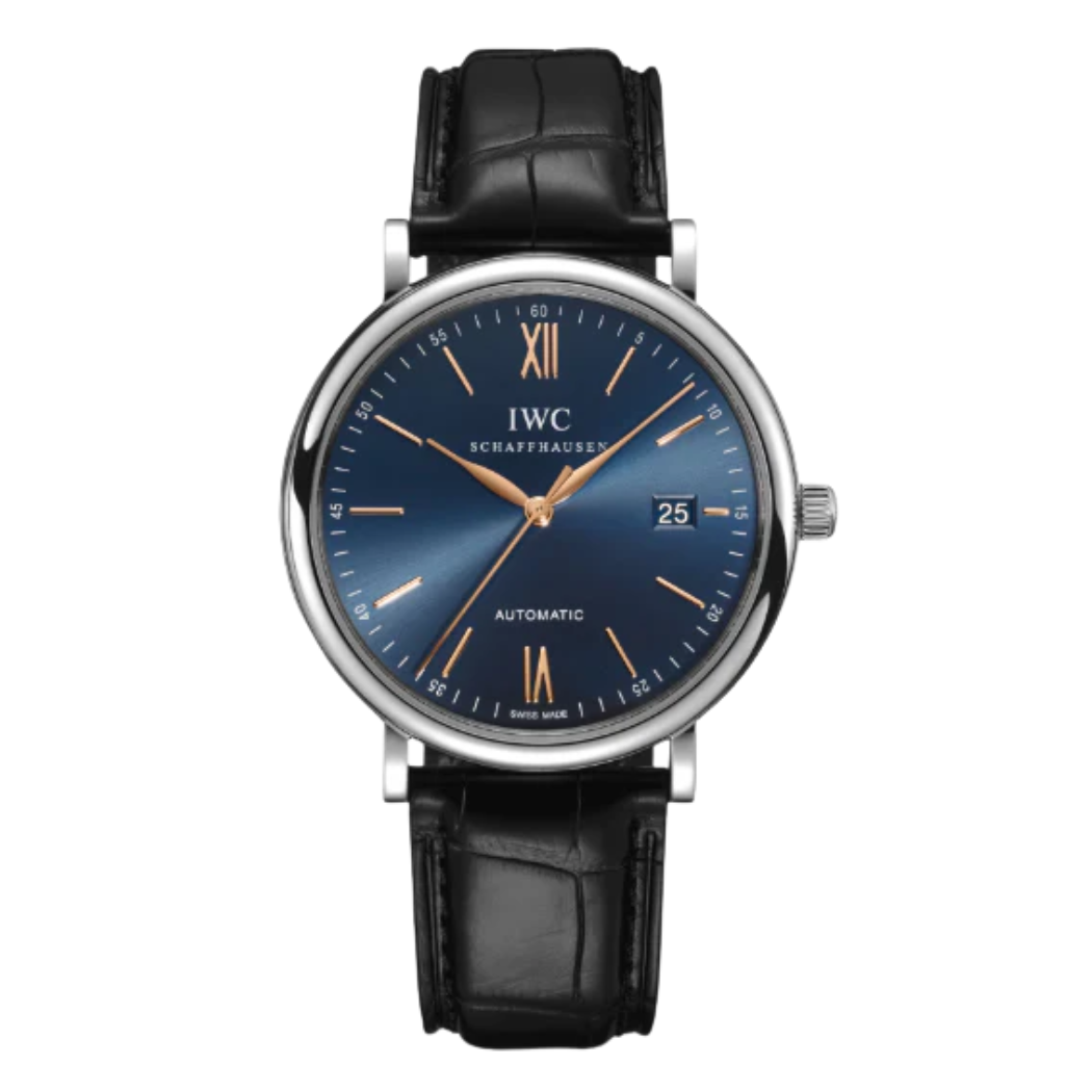 ساعة IWC Portofino أوتوماتيكية للرجال، بسوار جلدي أسود ومينا أزرق - IW356523