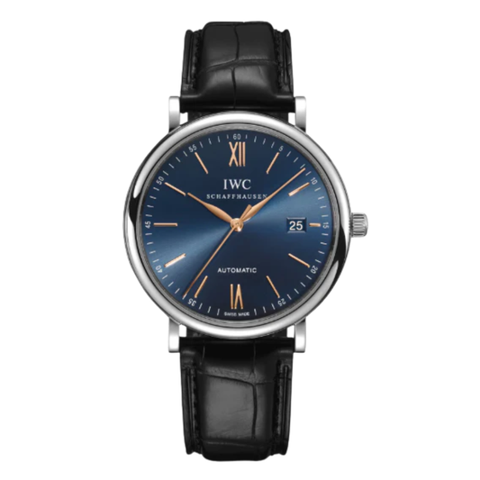 ساعة IWC Portofino أوتوماتيكية للرجال، بسوار جلدي أسود ومينا أزرق - IW356523
